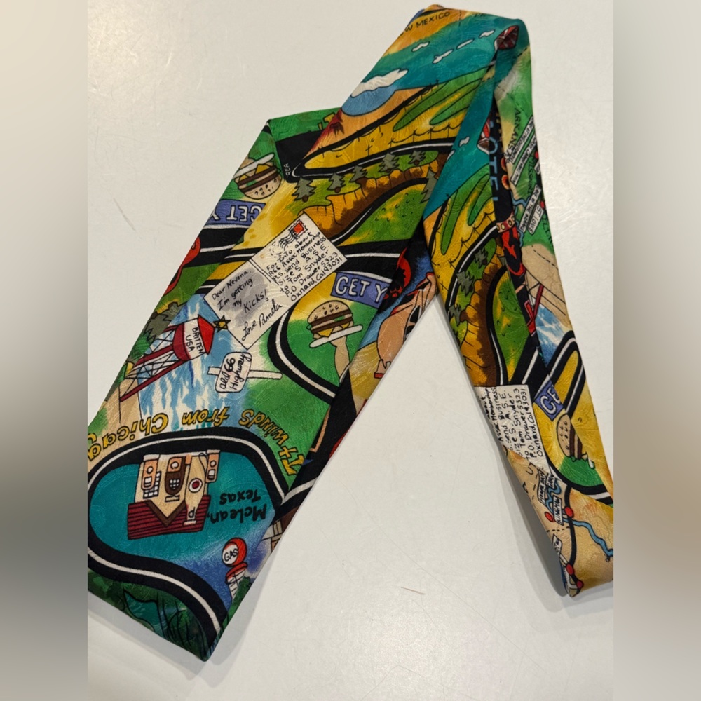 VTG 90s 100% Silk Nicole Miller Novelty Tie Road Trip Americana 1991 - Picture 2 of 6